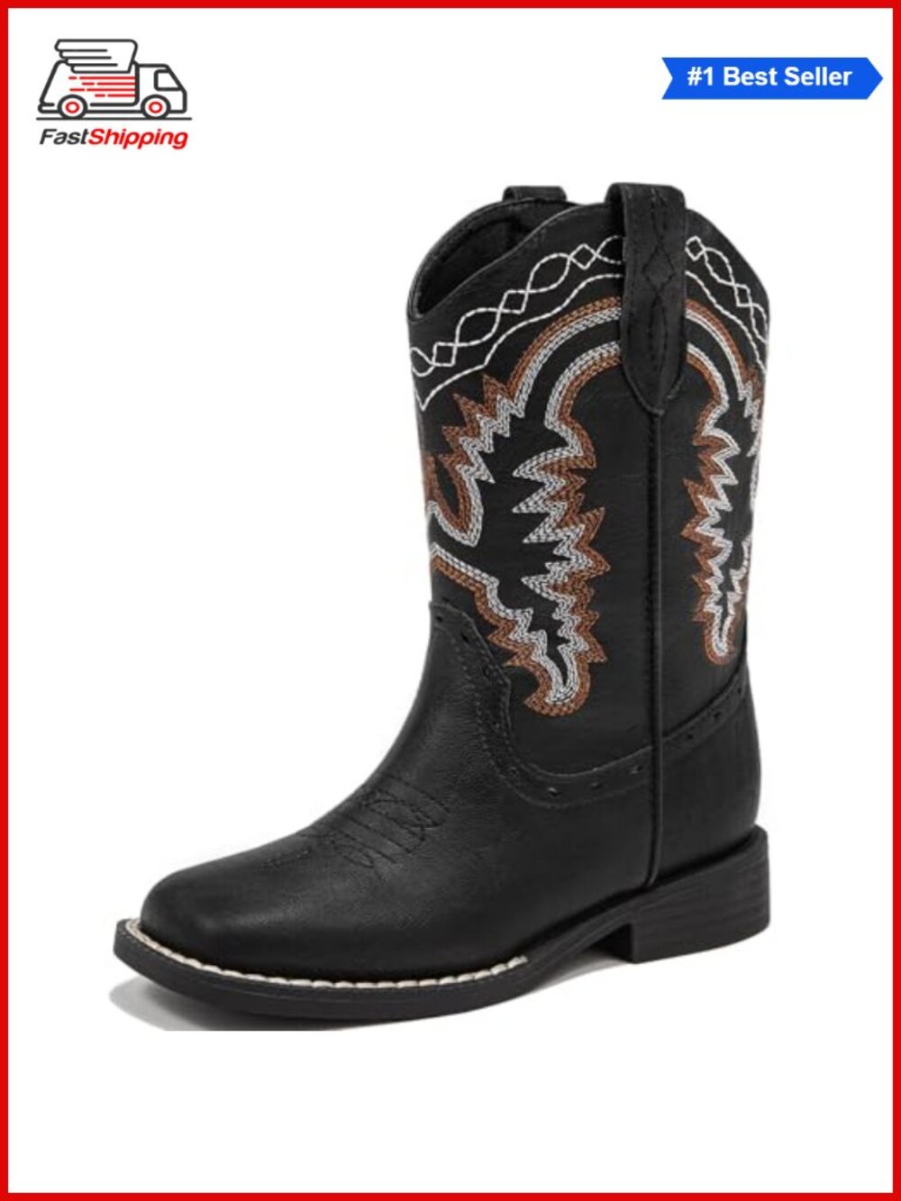 ✨ Kids Western Cowboy Boots Square Toe Pull Tabs Faux Leather